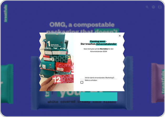 Overlay zur Anmeldung für einen digitalen Adventskalender mit Fokus auf Aktion, Überraschung und saisonale Kampagne.